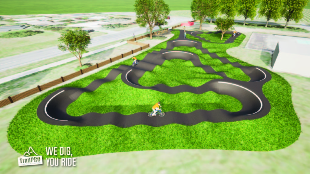 Render of Martinborough Pump Track with trees in the background. There are two bikers in yellow tshirts and a couple of pedestrians walking along the track.